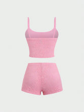 Summer Solid Color Lace Spaghetti Strap Shorts Set For Slim Fit